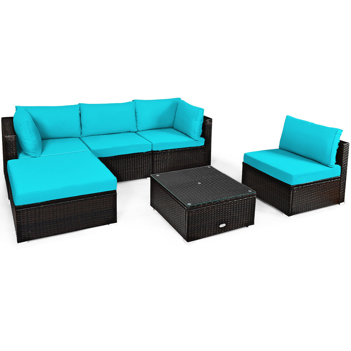 Patiojoy 6PCS Patio Rattan Furniture Set Outdoor Sectional Sofa Set w/Coffee Table & Ottoman Black/Navy/Turquoise/Red/Brown