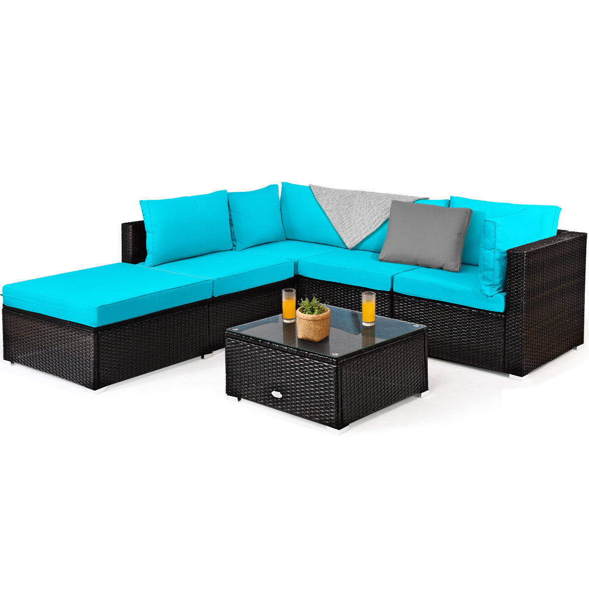 Patiojoy 6PCS Patio Rattan Furniture Set Outdoor Sectional Sofa Set w/Coffee Table & Ottoman Black/Navy/Turquoise/Red/Brown