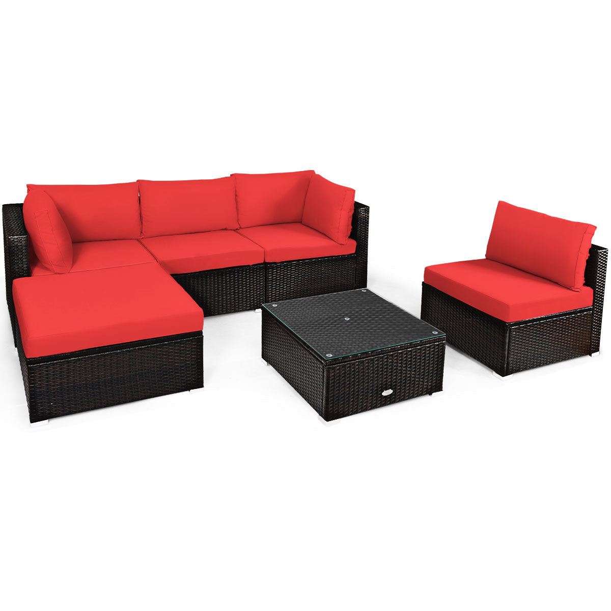 Patiojoy 6PCS Patio Rattan Furniture Set Outdoor Sectional Sofa Set w/Coffee Table & Ottoman Black/Navy/Turquoise/Red/Brown