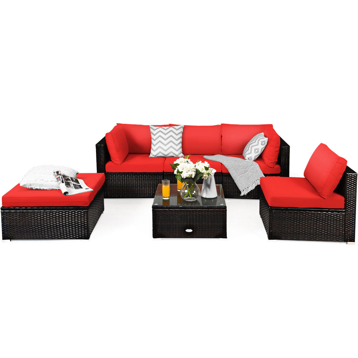 Patiojoy 6PCS Patio Rattan Furniture Set Outdoor Sectional Sofa Set w/Coffee Table & Ottoman Black/Navy/Turquoise/Red/Brown