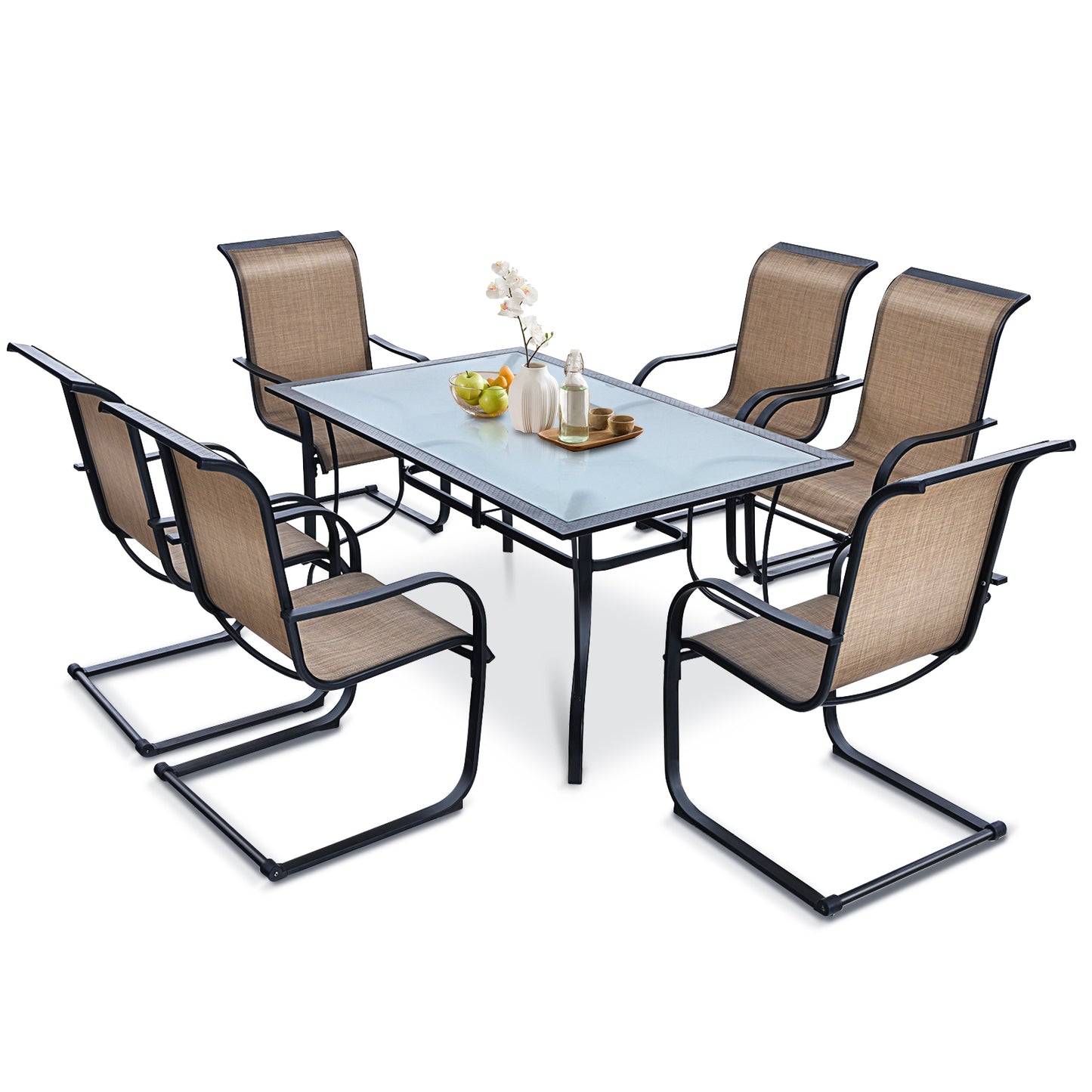 Patiojoy 7-Piece Patio Dining Furniture Set Outdoor C-Shaped Chairs & Glass Table Set w/ Umbrella Hole