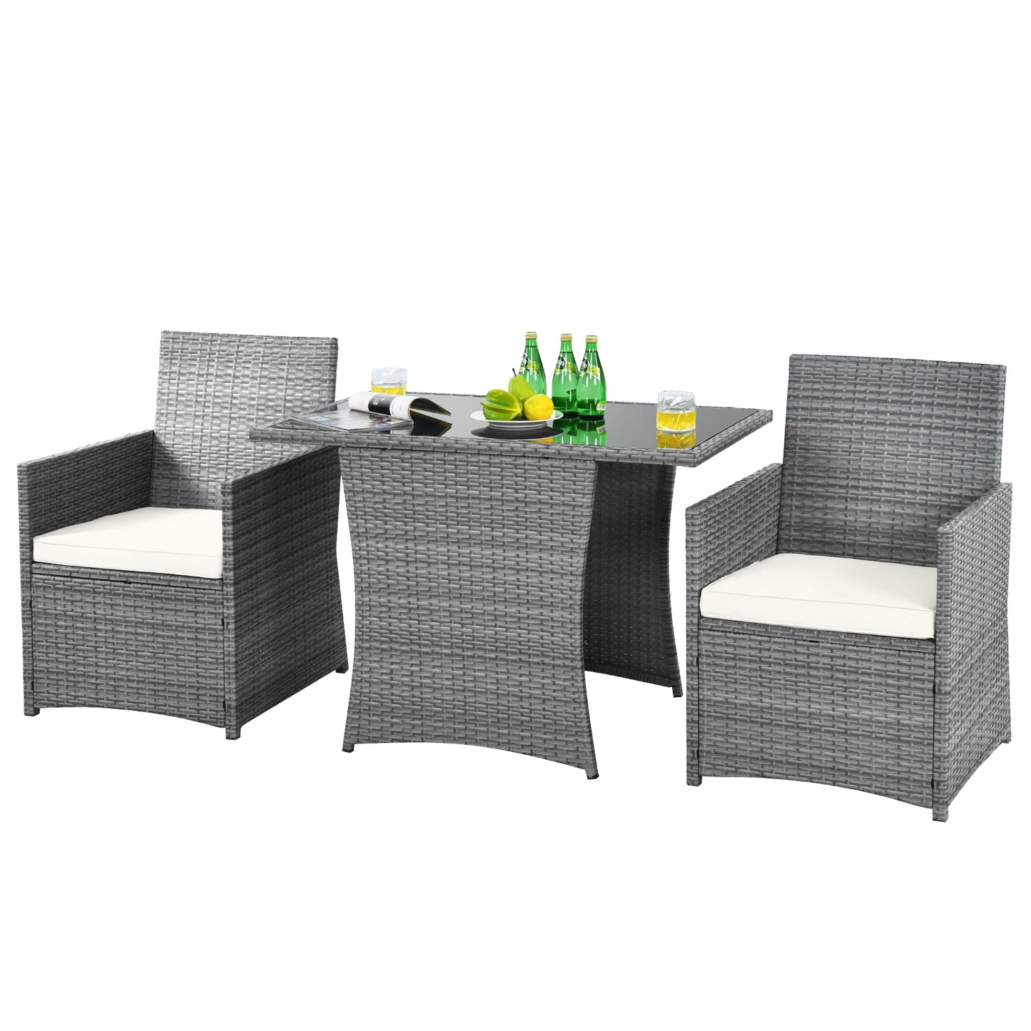 Patiojoy 3PCS Patio Rattan Furniture Set Outdoor Wicker Table & Chair Set w/Cushions Turquoise/Navy/White/Red/Gray