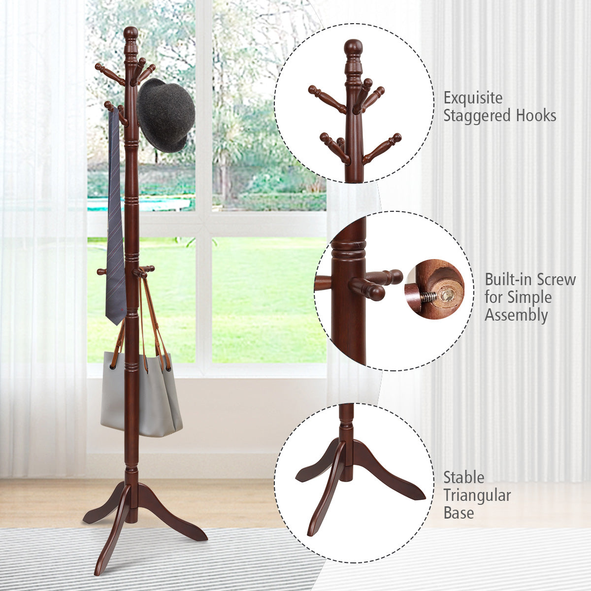 Topbuy Free Standing Coat Rack Solid Wood Cat Tree w/9 Hooks & 2 Adjustable Height Grey/Black/Brown