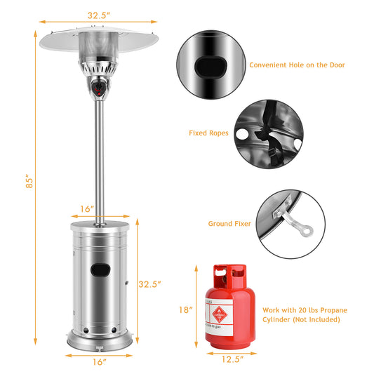 Patiojoy 48,000 BTU Outdoor Patio Heater Stainless Steel Propane Patio Heater w/Tip-Over & Flameout Protection