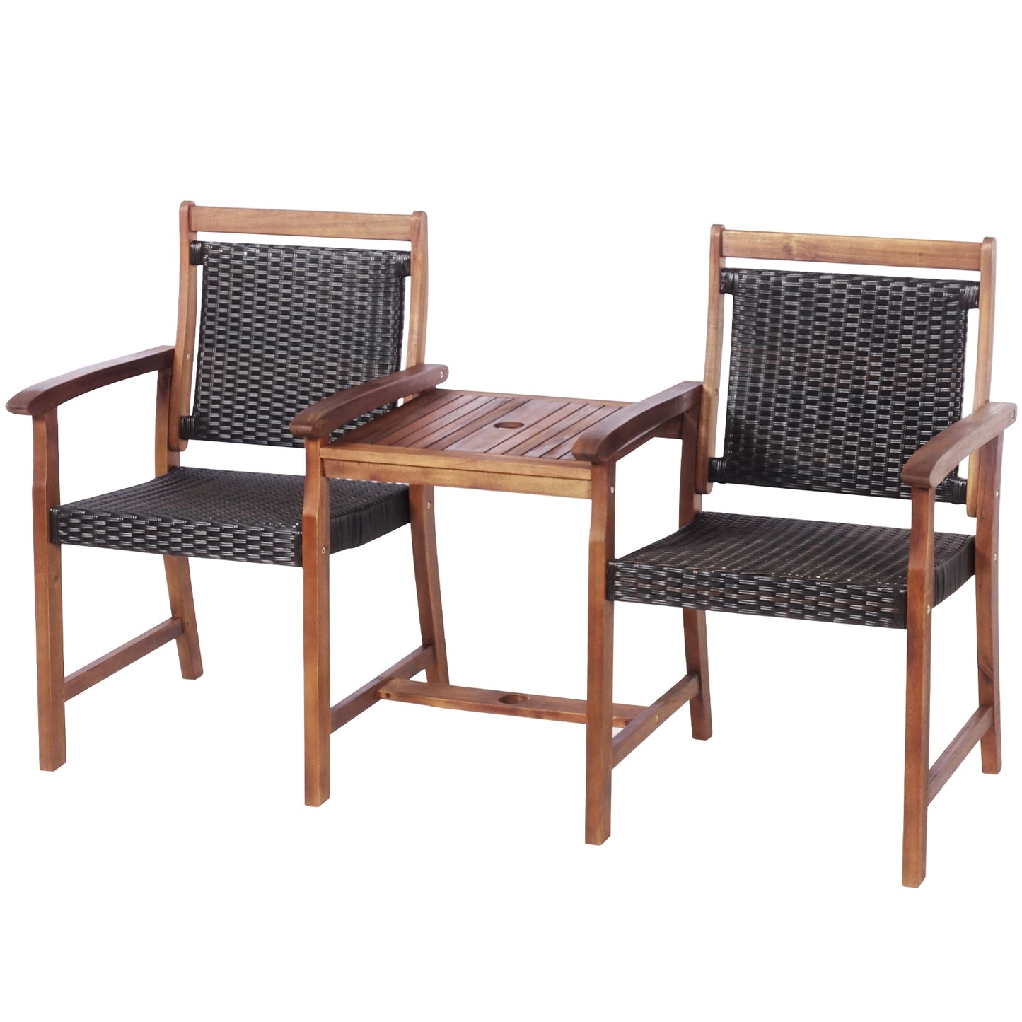 Patiojoy Patio Rattan Loveseat Acacia Wood Bench w/Table & Umbrella Hole Rustic Brown