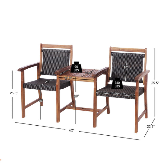 Patiojoy Patio Rattan Loveseat Acacia Wood Bench w/Table & Umbrella Hole Rustic Brown