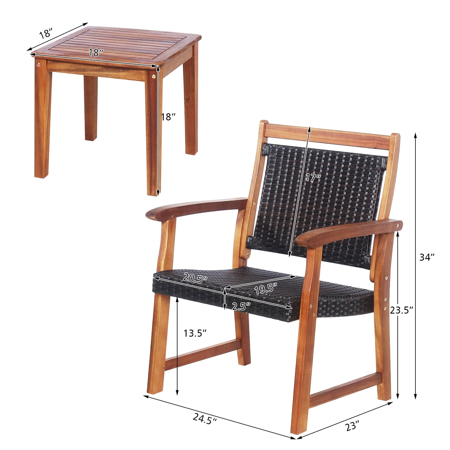 Patiojoy 3 PCS Patio Rattan Bistro Set Outdoor Acacia Wood Table & Chairs Set