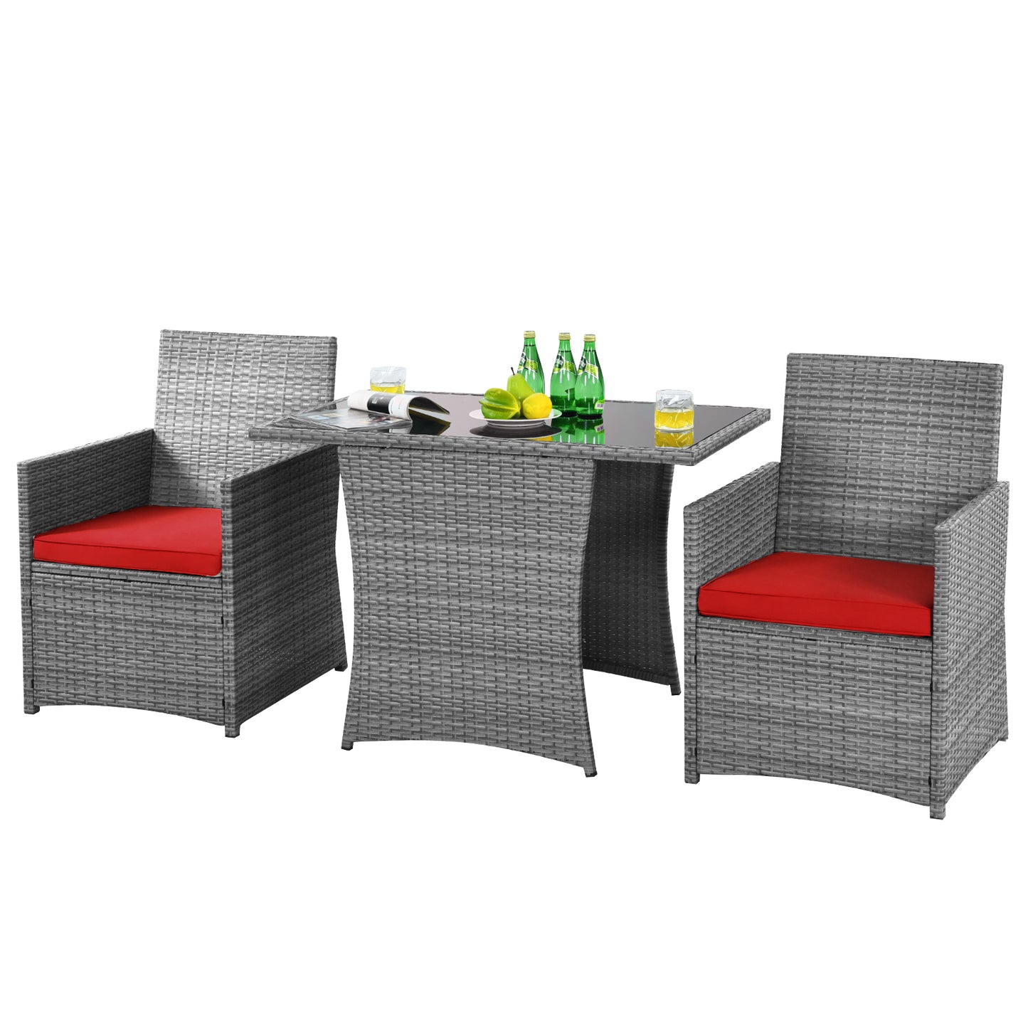 Patiojoy 3PCS Patio Rattan Furniture Set Outdoor Wicker Table & Chair Set w/Cushions Turquoise/Navy/White/Red/Gray