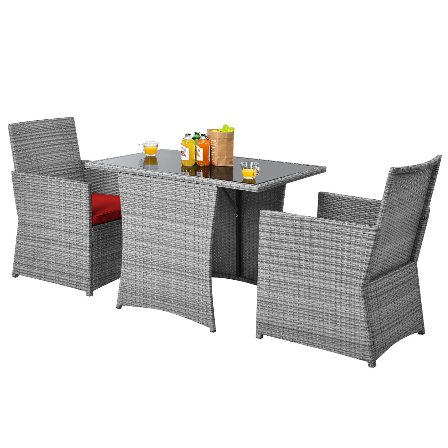 Patiojoy 3PCS Patio Rattan Furniture Set Outdoor Wicker Table & Chair Set w/Cushions Turquoise/Navy/White/Red/Gray