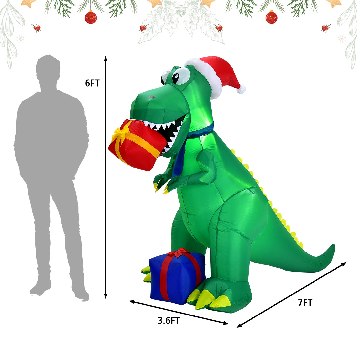 Topbuy 6 FT Inflatable Dinosaur Christmas Decoration w/LED Lights for Indoor Outdoor Decor