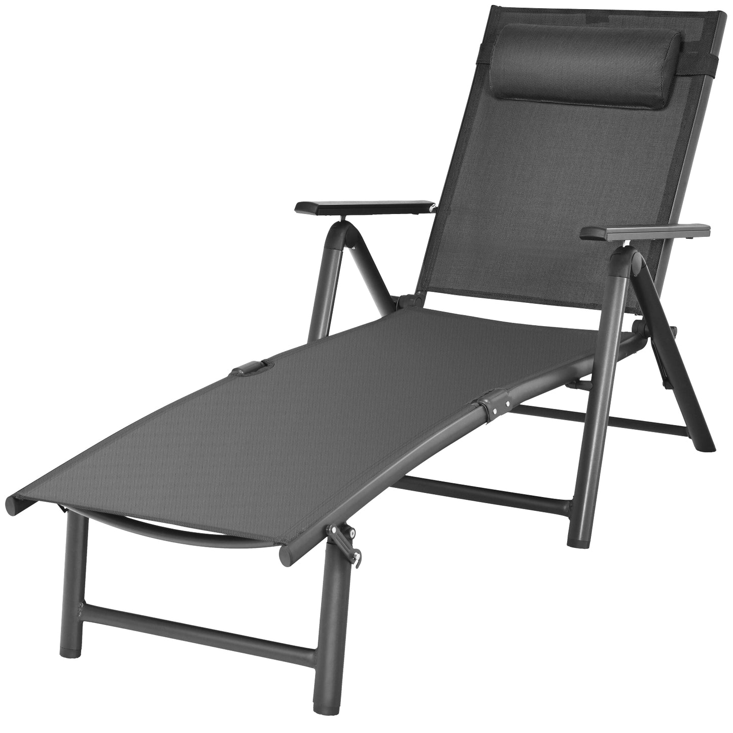 Patiojoy Outdoor Chaise Lounge Folding Reclining Chairs w/7 Position Headrest Pillow Grey