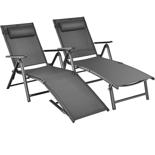 Patiojoy 2PCS Outdoor Chaise Lounge Folding Reclining Chairs w/7 Position Headrest Pillow Grey