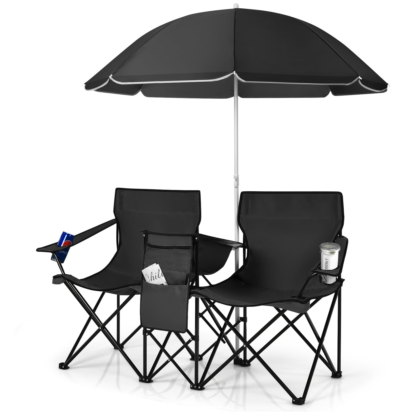 Topbuy Portable Double Camping Chair, Folding Picnic Loveseat W/ Removable Adjustable Umbrella, Carrying Bag, Cooler Bag