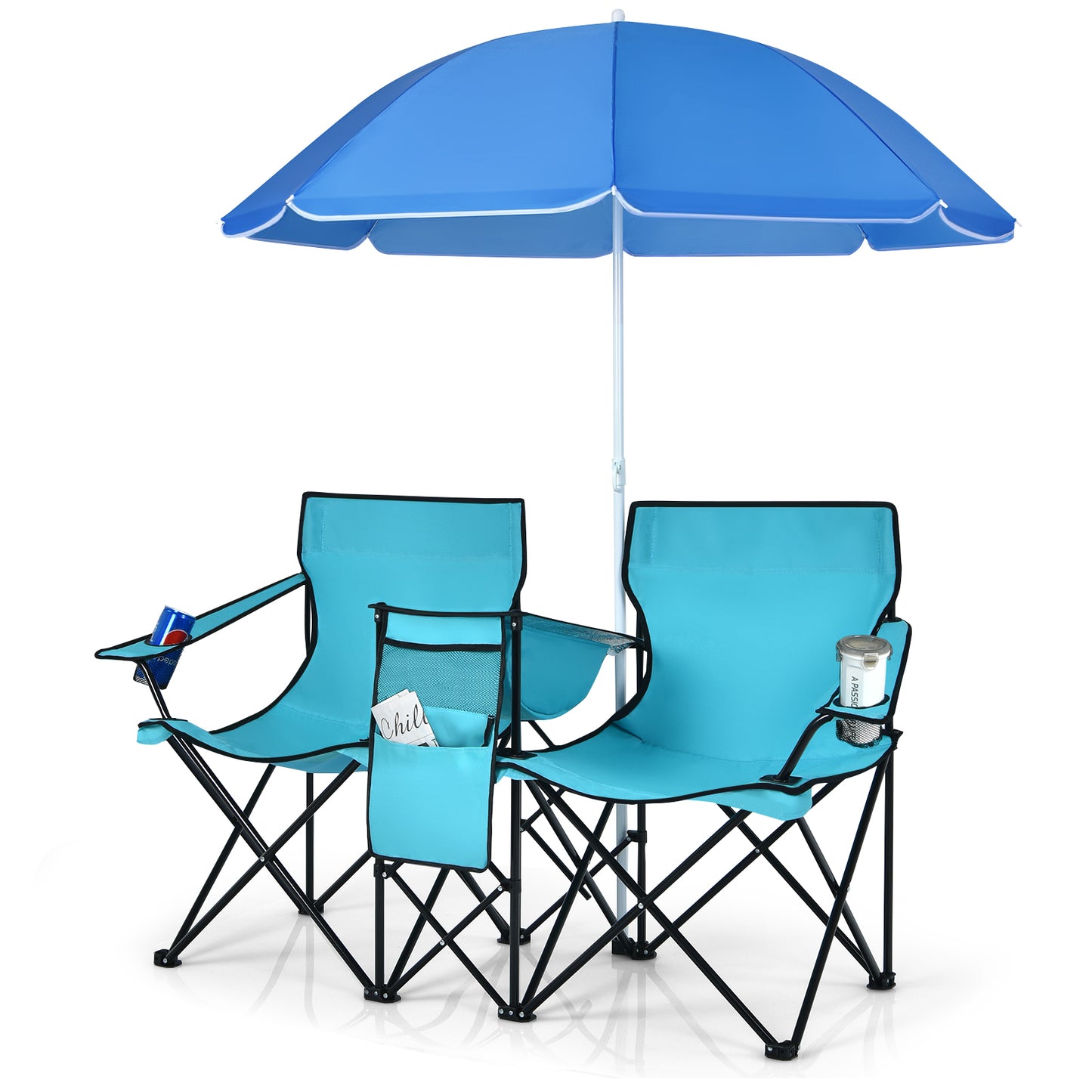 Topbuy Portable Double Camping Chair, Folding Picnic Loveseat W/ Removable Adjustable Umbrella, Carrying Bag, Cooler Bag