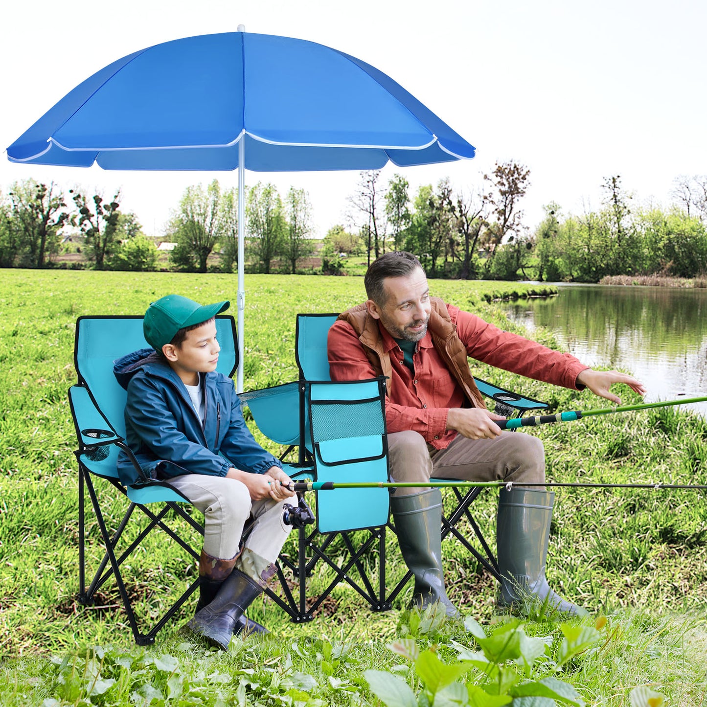 Topbuy Portable Double Camping Chair, Folding Picnic Loveseat W/ Removable Adjustable Umbrella, Carrying Bag, Cooler Bag