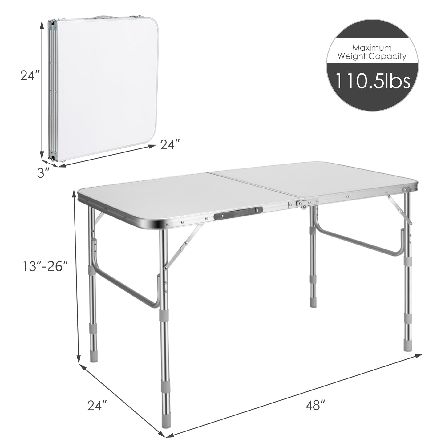 Topbuy Set of 2 Folding Tables Portable Picnic Table w/Height Adjustable White