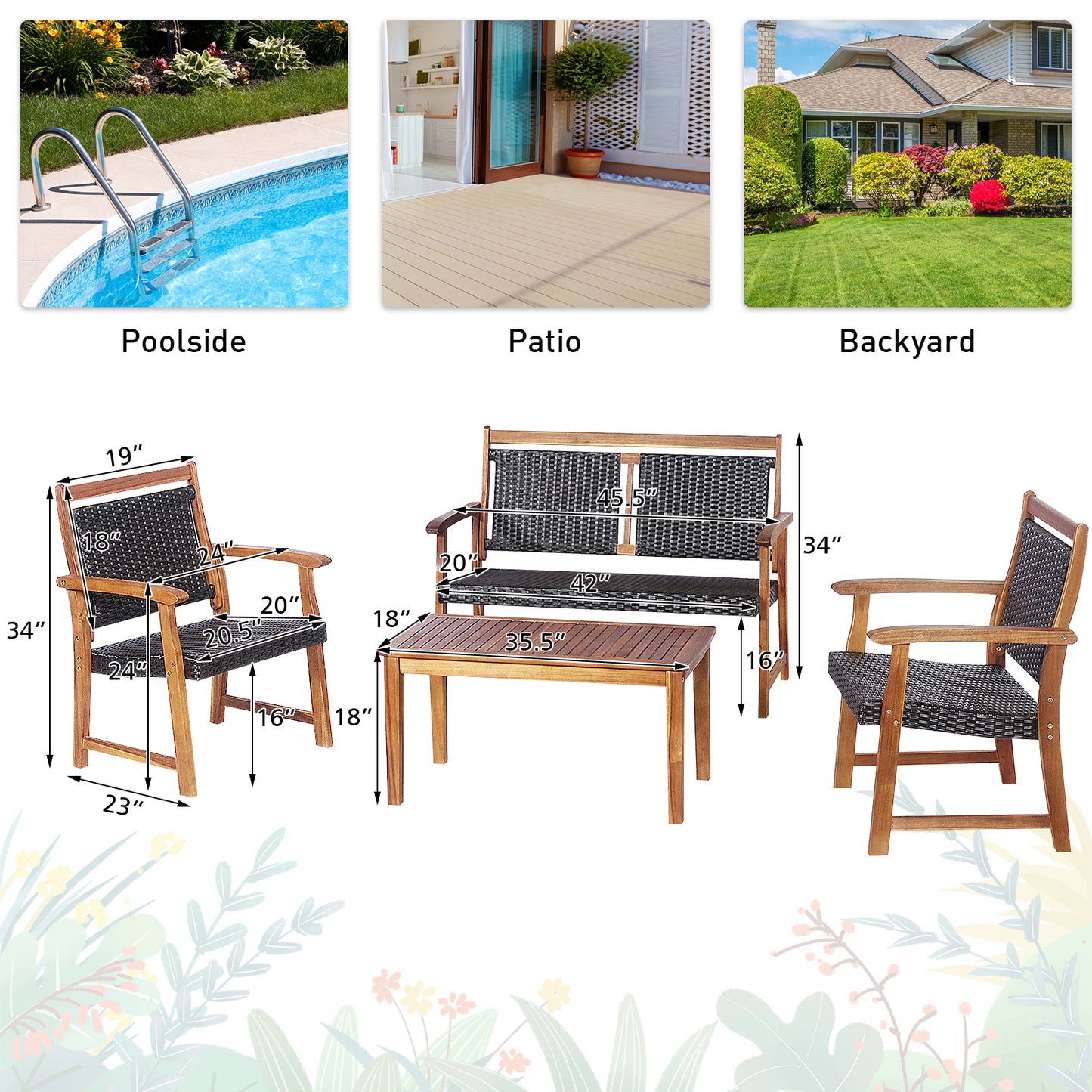 Patiojoy 4PCS Patio Rattan Furniture Set Cushioned Loveseat & Table Set w/Acacia Wood Frame