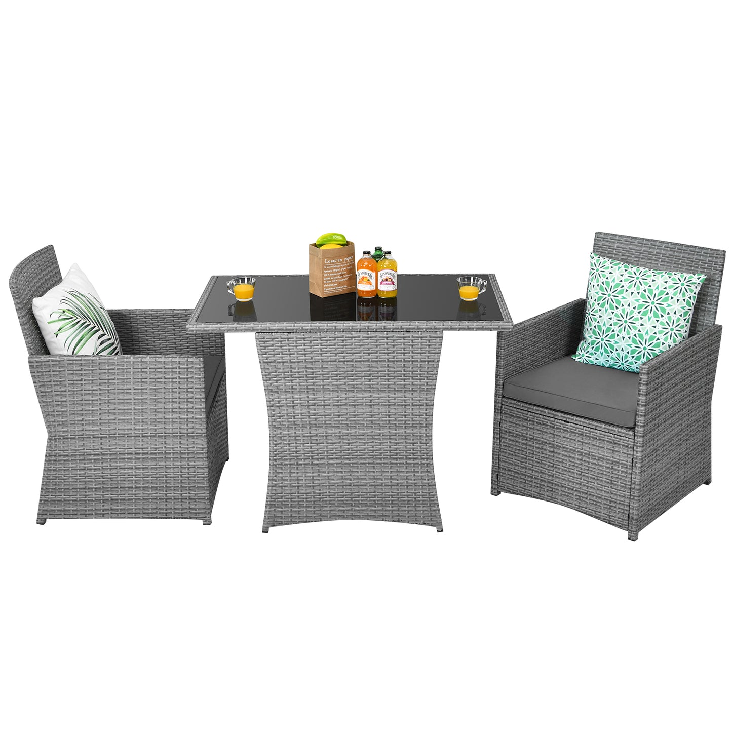 Patiojoy 3PCS Patio Rattan Furniture Set Outdoor Wicker Table & Chair Set w/Cushions Turquoise/Navy/White/Red/Gray