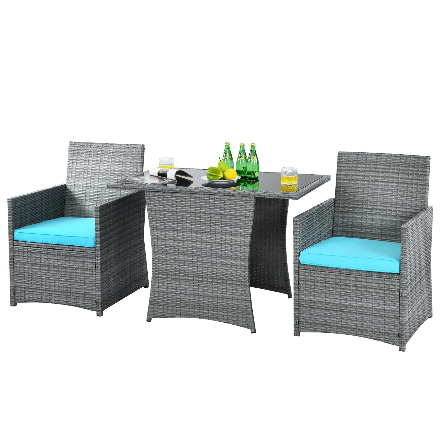 Patiojoy 3PCS Patio Rattan Furniture Set Outdoor Wicker Table & Chair Set w/Cushions Turquoise/Navy/White/Red/Gray