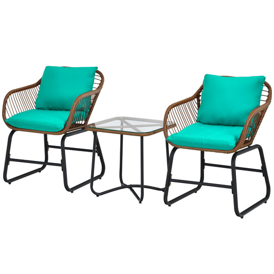 Patiojoy 3 Pieces Outdoor Furniture Set Patio Bistro Set w/2 Armchairs & Tempered Glass Table White/Turquoise/Red