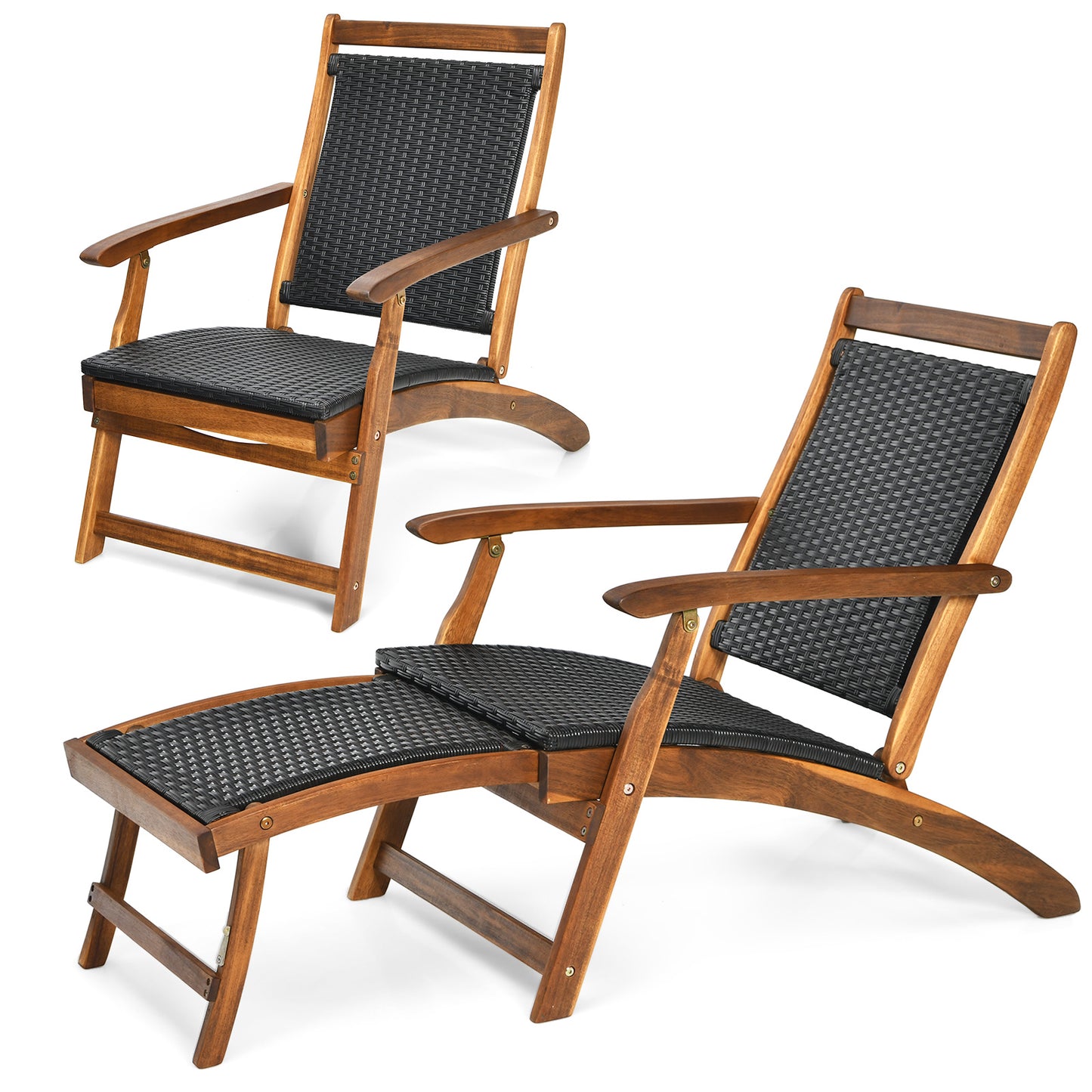 Patiojoy 1PC/2PCS Patio Folding Rattan Chaise Lounge Chair Acacia Wooden Frame W/ Retractable Footrest for Poolside&Patio