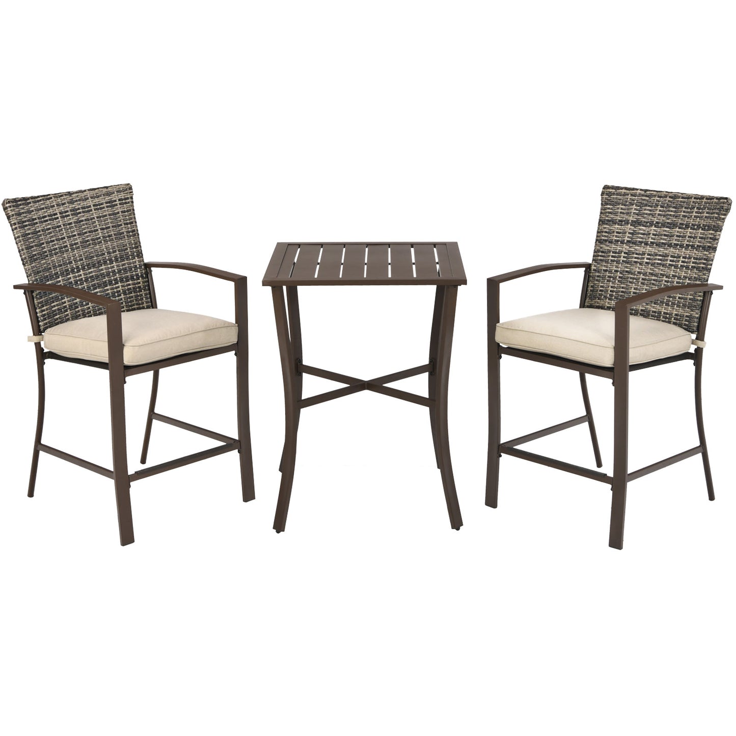 Patiojoy 3-Piece Patio Rattan Furniture Set Outdoor Bistro Set Cushioned Chairs & Table Set Grey/Brown