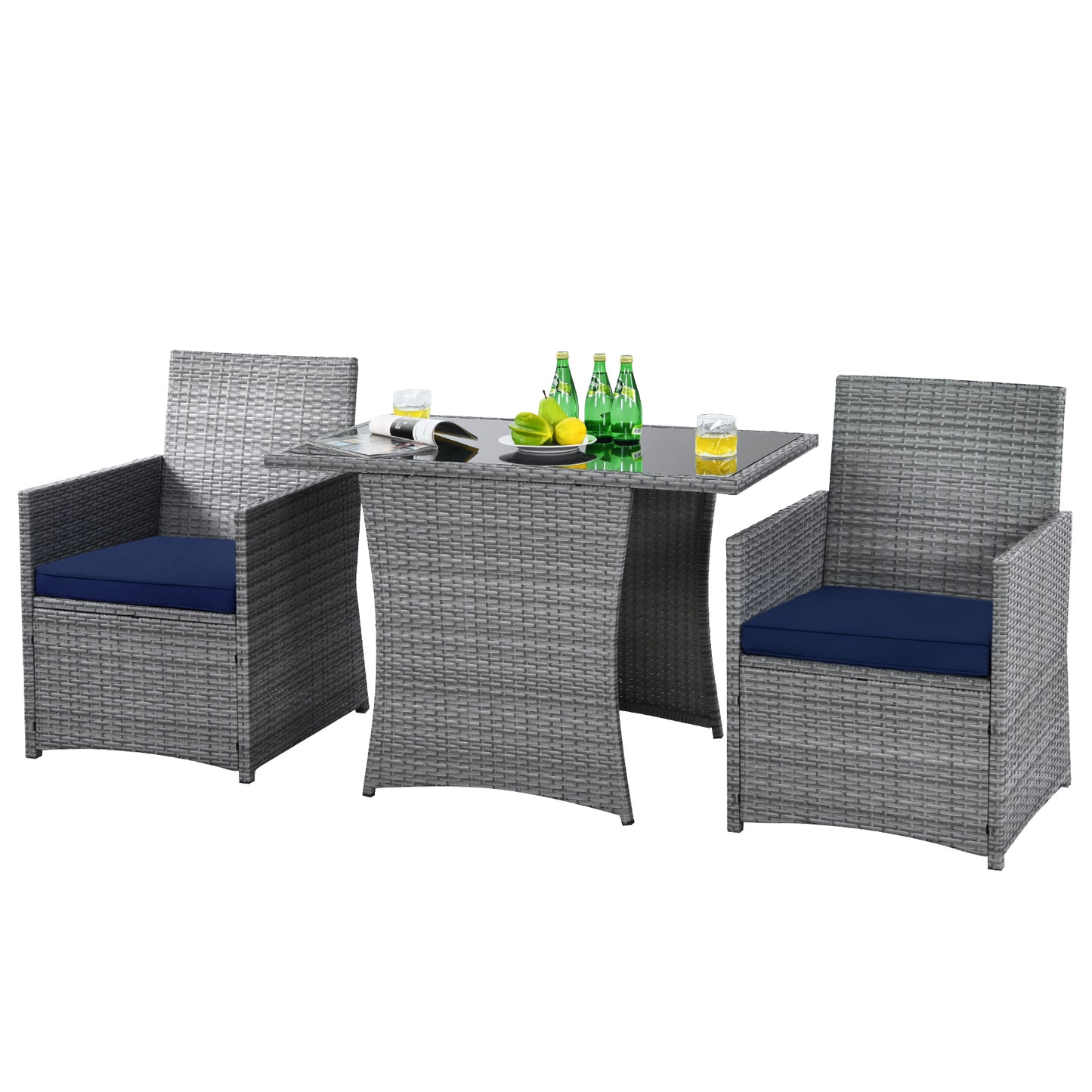 Patiojoy 3PCS Patio Rattan Furniture Set Outdoor Wicker Table & Chair Set w/Cushions Turquoise/Navy/White/Red/Gray