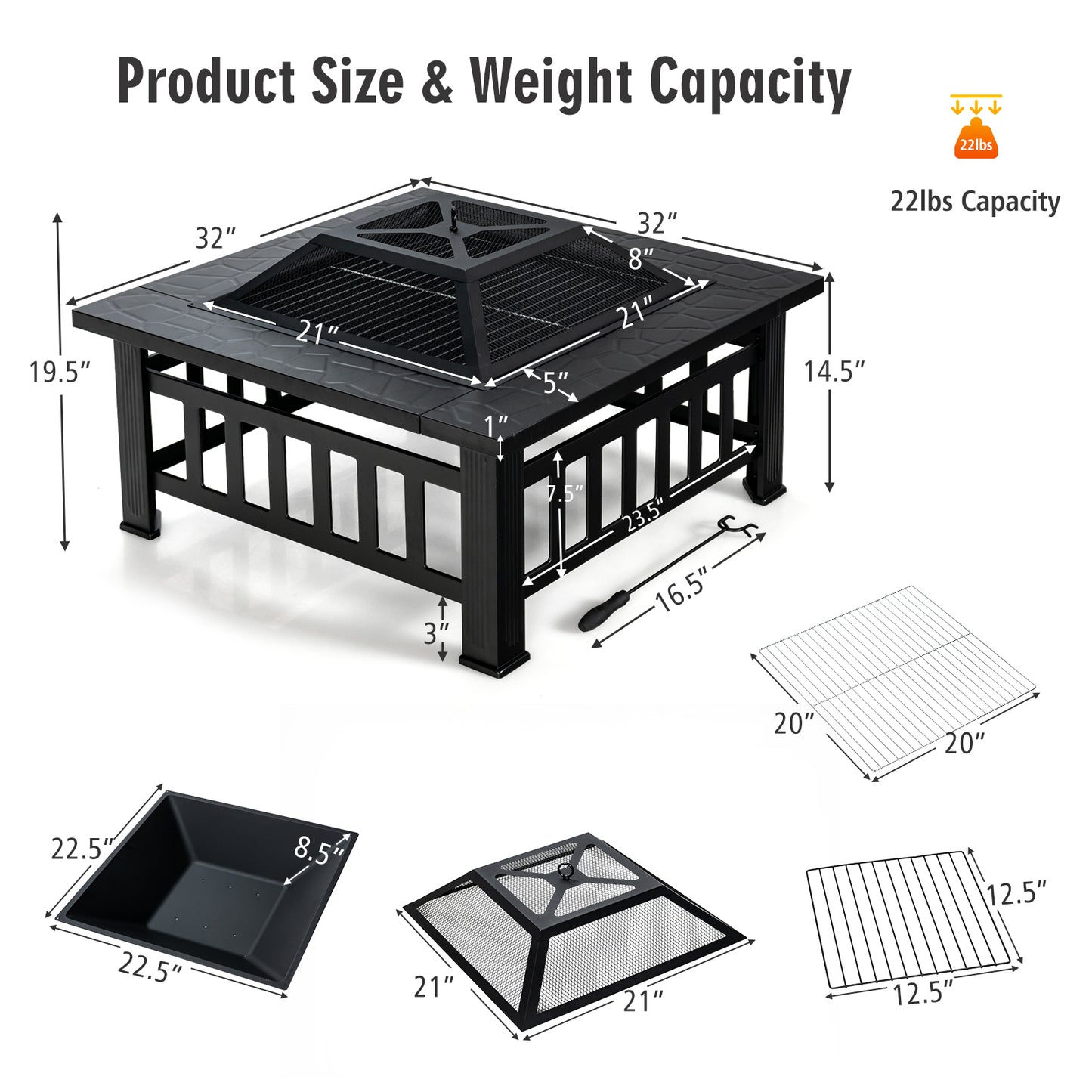 Patiojoy 3 in 1 Patio Fire Pit Table Outdoor Square Fire bowel w/ BBQ Grill & Rain Cover