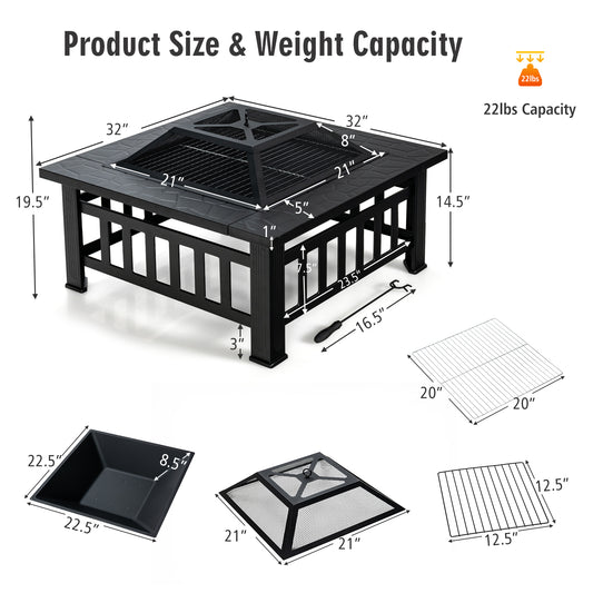 Patiojoy 3 in 1 Patio Fire Pit Table Outdoor Square Fire bowel w/ BBQ Grill & Rain Cover