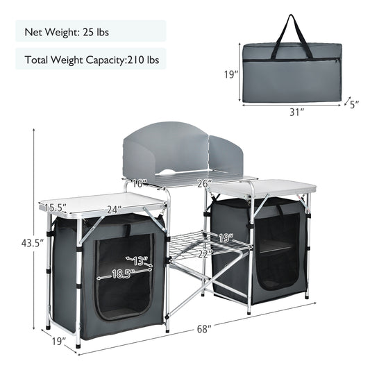 Topbuy Portable Camping Kitchen Table Aluminum Fold-Up Camping Kitchen with Windscreen for BBQ, Picnic, Party  Gray/Black