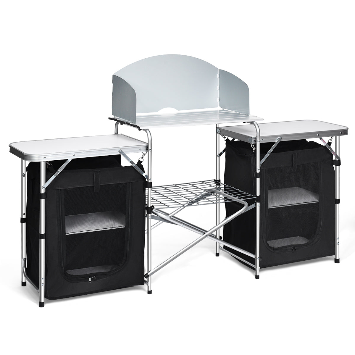 Topbuy Portable Camping Kitchen Table Aluminum Fold-Up Camping Kitchen with Windscreen for BBQ, Picnic, Party  Gray/Black