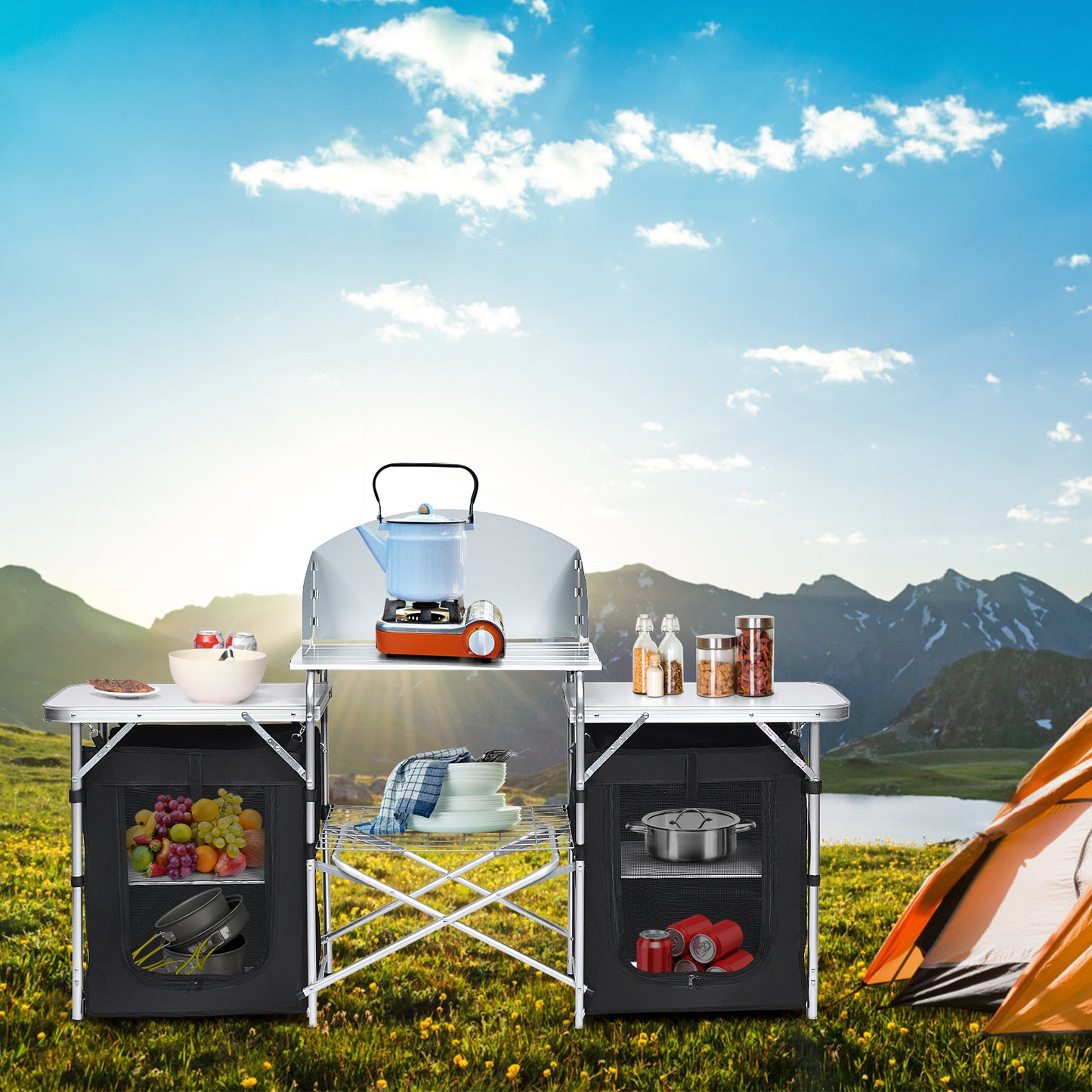 Topbuy Portable Camping Kitchen Table Aluminum Fold-Up Camping Kitchen with Windscreen for BBQ, Picnic, Party  Gray/Black