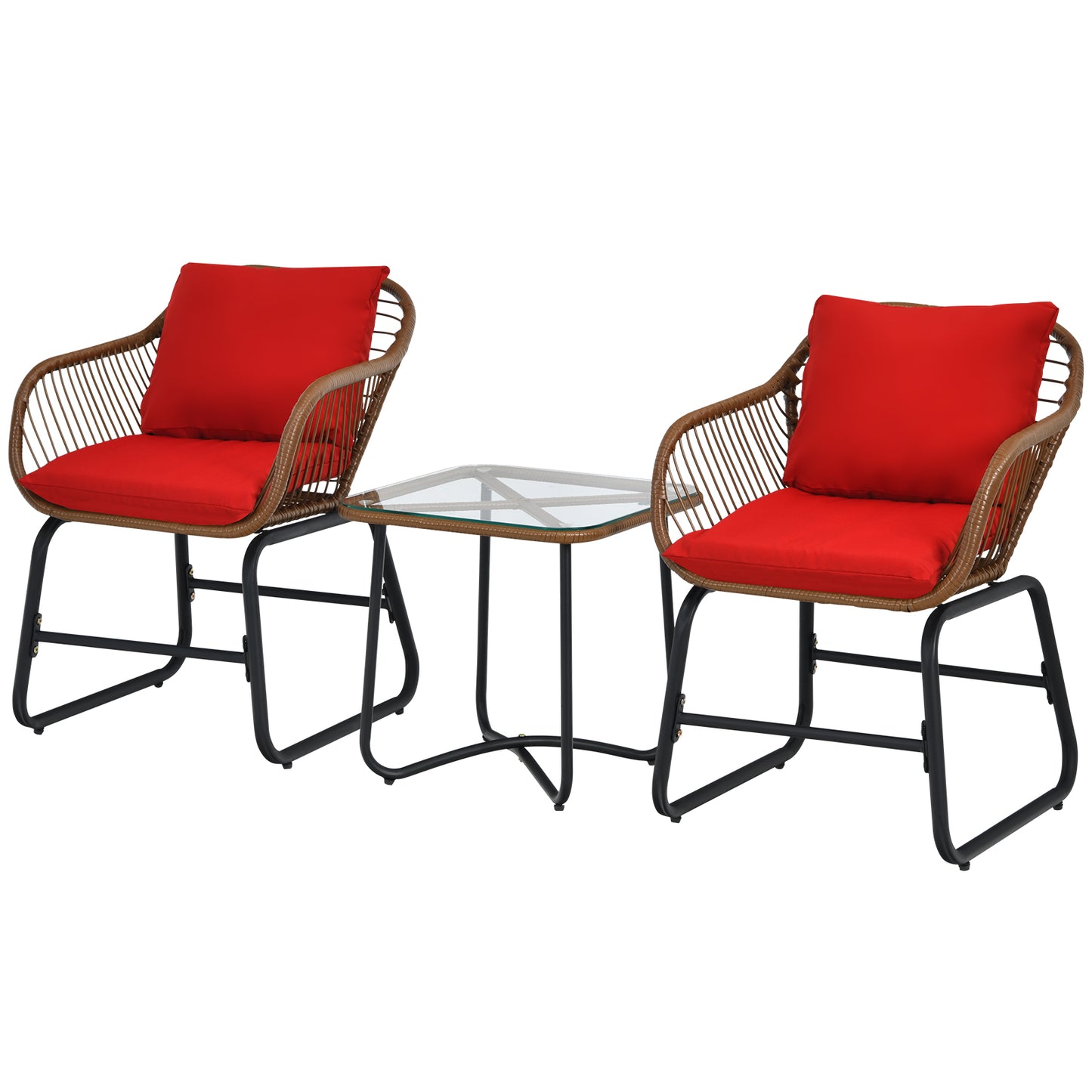 Patiojoy 3 Pieces Outdoor Furniture Set Patio Bistro Set w/2 Armchairs & Tempered Glass Table White/Turquoise/Red