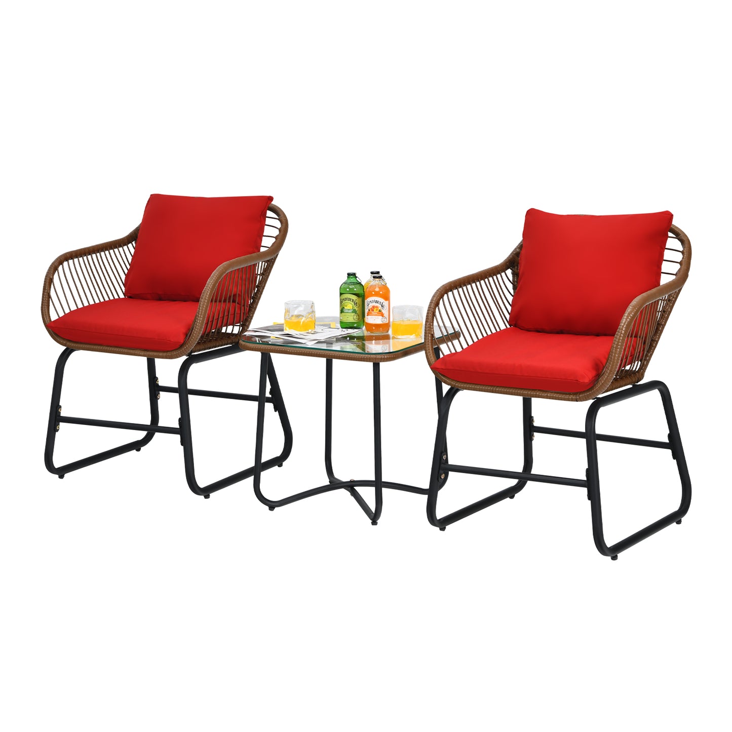 Patiojoy 3 Pieces Outdoor Furniture Set Patio Bistro Set w/2 Armchairs & Tempered Glass Table White/Turquoise/Red