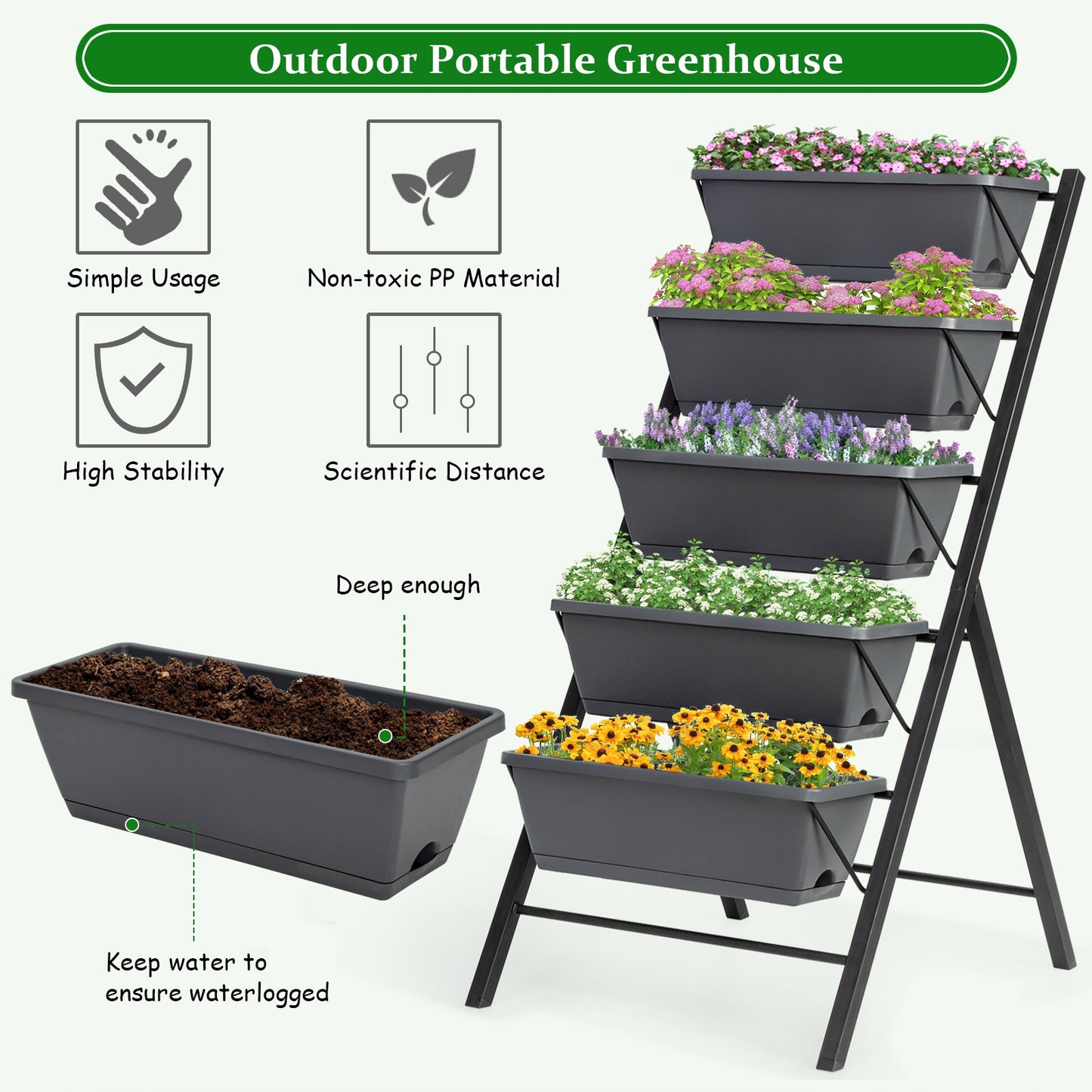 Topbuy Outdoor 5-Tier Planter 4 FT Vertical Elevated Raised Garden Bed Planter Box Kit for Backyard Patio