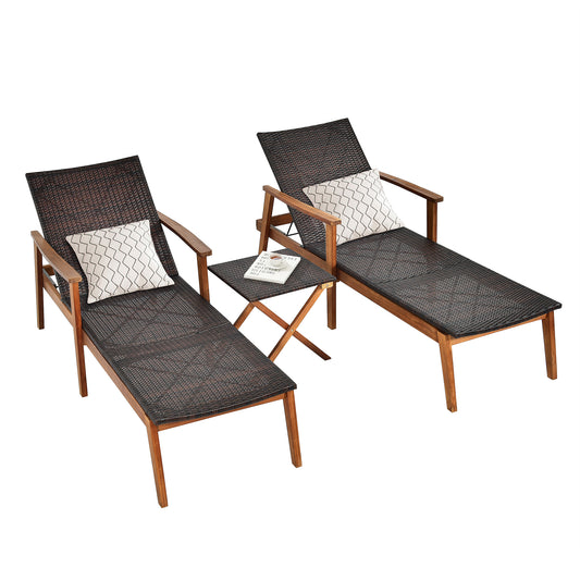 Patiojoy 3PCS Chaise Lounge Set 4-Level Folding Chaise Lounge Adjustable Outdoor Beach with Wicker Side Table