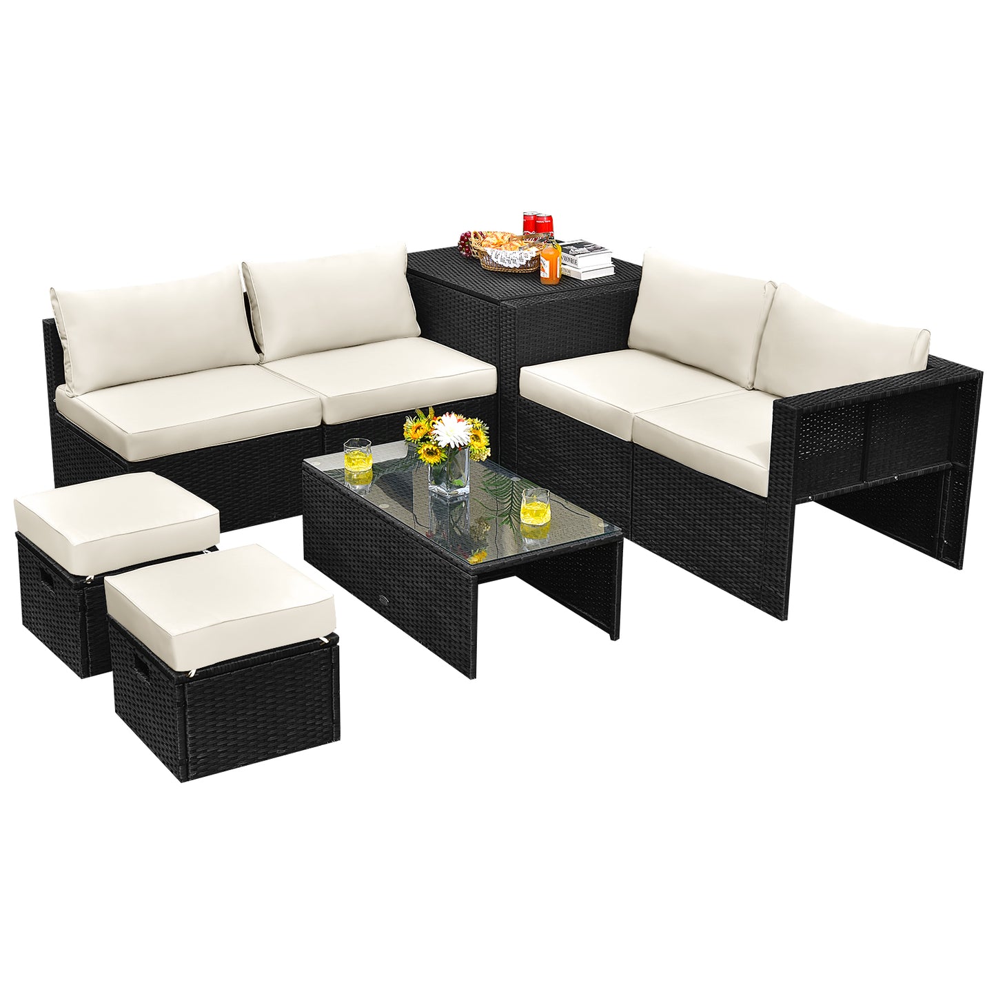 Patiojoy 8PCS Patio Conversation Set Sectional Sofa Set, All-Weather PE Rattan, Tempered Glass Table & Washable Cushion Covers Off white/Navy/Red/Grey/Black/Turquoise