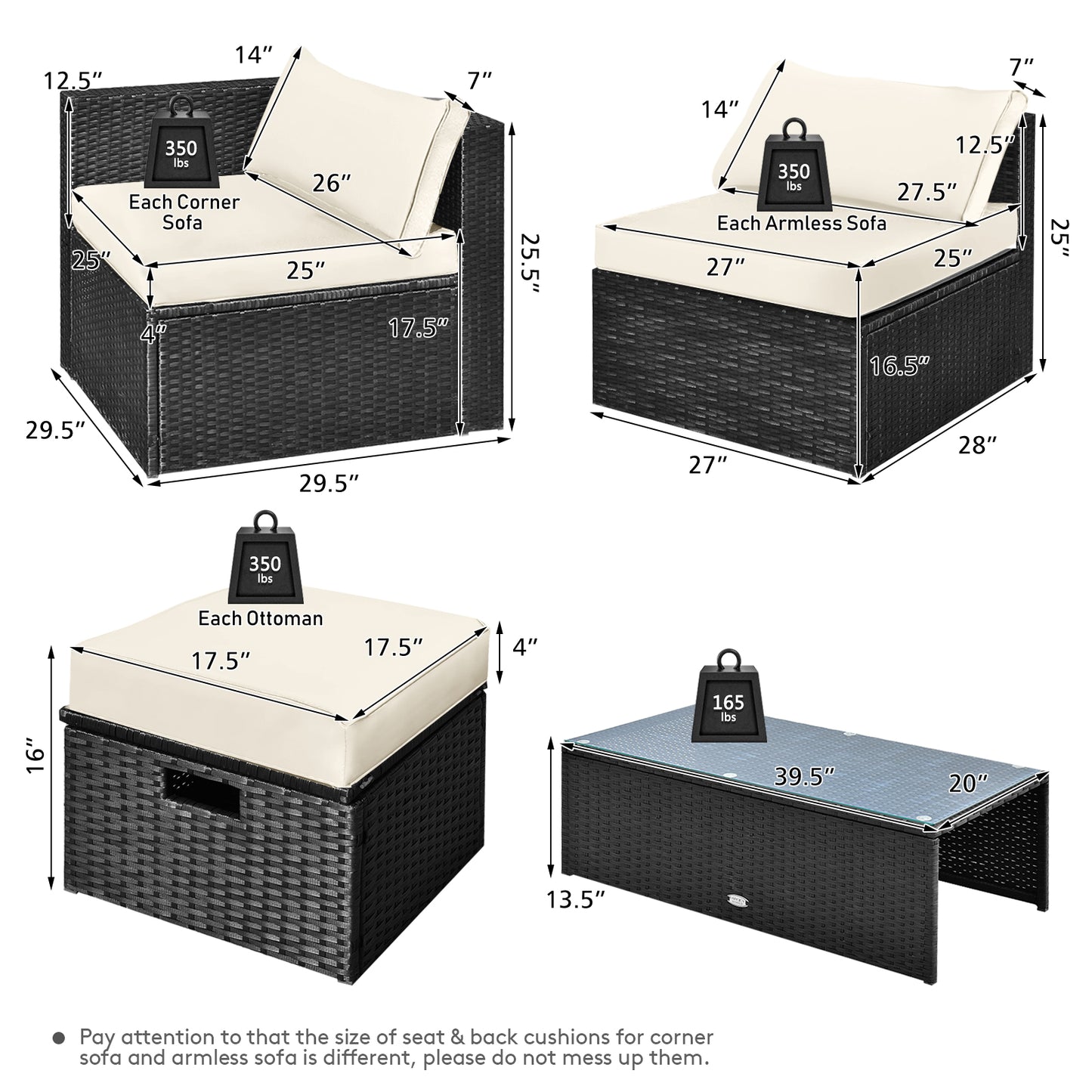 Patiojoy 8PCS Patio Conversation Set Sectional Sofa Set, All-Weather PE Rattan, Tempered Glass Table & Washable Cushion Covers Off white/Navy/Red/Grey/Black/Turquoise