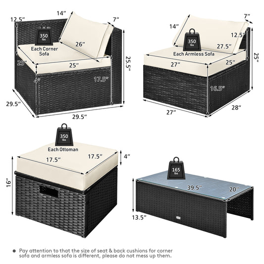 Patiojoy 8PCS Patio Conversation Set Sectional Sofa Set, All-Weather PE Rattan, Tempered Glass Table & Washable Cushion Covers Off white/Navy/Red/Grey/Black/Turquoise