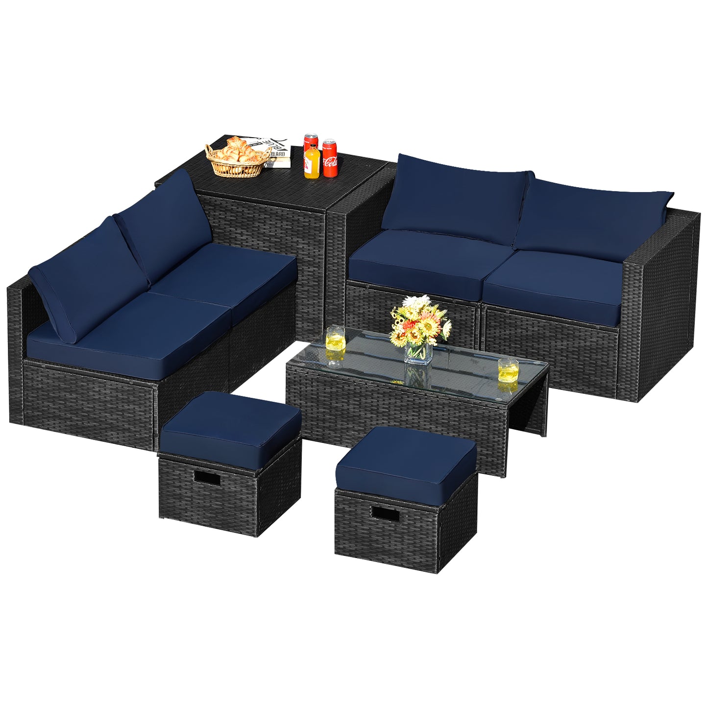 Patiojoy 8PCS Patio Conversation Set Sectional Sofa Set, All-Weather PE Rattan, Tempered Glass Table & Washable Cushion Covers Off white/Navy/Red/Grey/Black/Turquoise