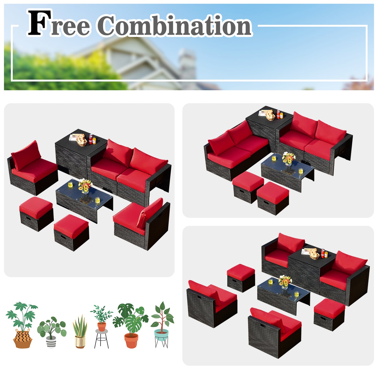 Patiojoy 8PCS Patio Conversation Set Sectional Sofa Set, All-Weather PE Rattan, Tempered Glass Table & Washable Cushion Covers Off white/Navy/Red/Grey/Black/Turquoise