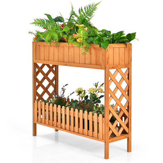 Topbuy Outdoor 2-Tier Wood Planter Raised Garden Bed Elevated Planter Box Kit w/Liner & Shelf for Backyard Patio