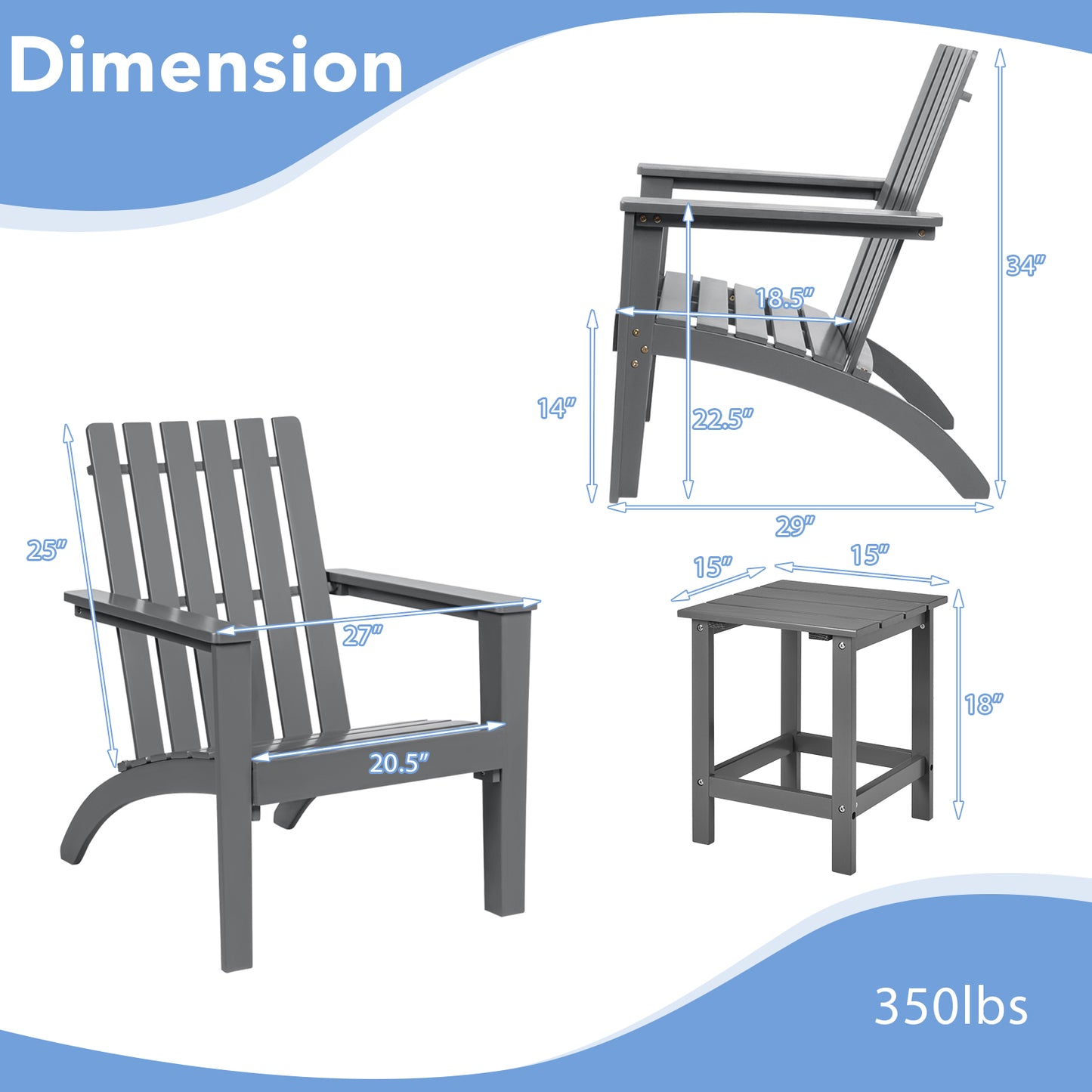 Patiojoy 3PCS Patio Adirondack Chair Side Table Set Solid Wood Garden Deck Bistro Set Classic Furniture Fire Pit Chair Set Black/White/Grey