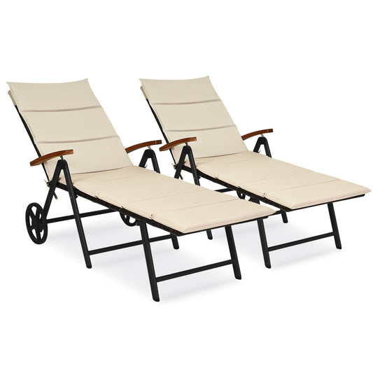 Patiojoy 2PCS Folding Outdoor Rattan Chaise Lounge Chair Cushioned Recliner with Wheels&Beige/Brown/Red/Turquoise Cushion