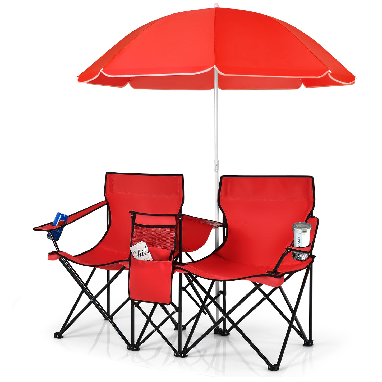 Topbuy Portable Double Camping Chair, Folding Picnic Loveseat W/ Removable Adjustable Umbrella, Carrying Bag, Cooler Bag