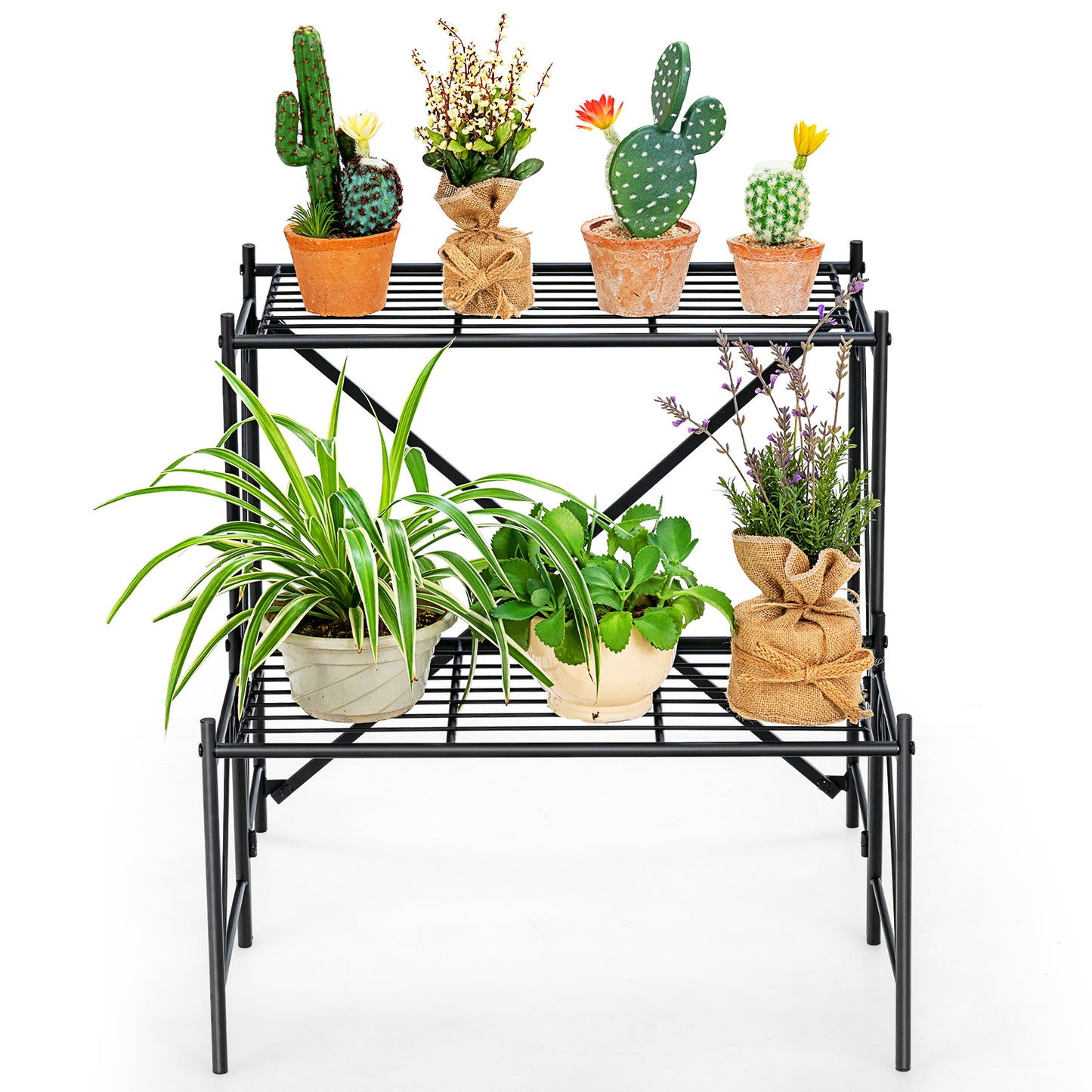 Topbuy 2 Tier Storage Shelf Metal Ladder Plant Stand Flower Pot Display Shelf Rack Natural for Indoor&Outdoor