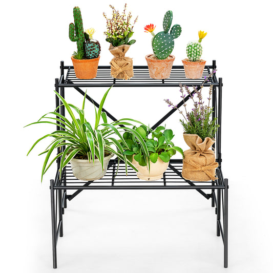 Topbuy 2 Tier Storage Shelf Metal Ladder Plant Stand Flower Pot Display Shelf Rack Natural for Indoor&Outdoor