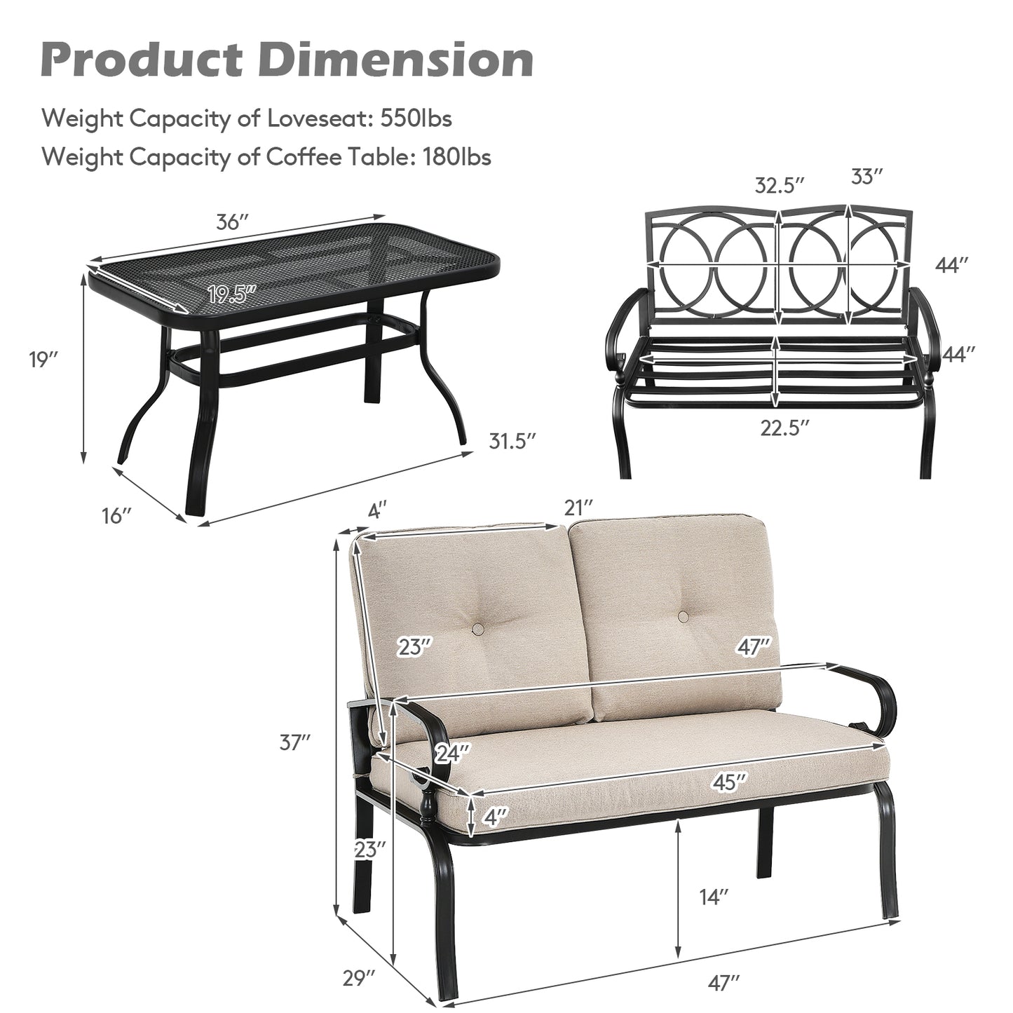 Patiojoy 2PCS Patio Conversation Set Outdoor Loveseat w/Coffee Table & Beige/Red/Navy Cushions