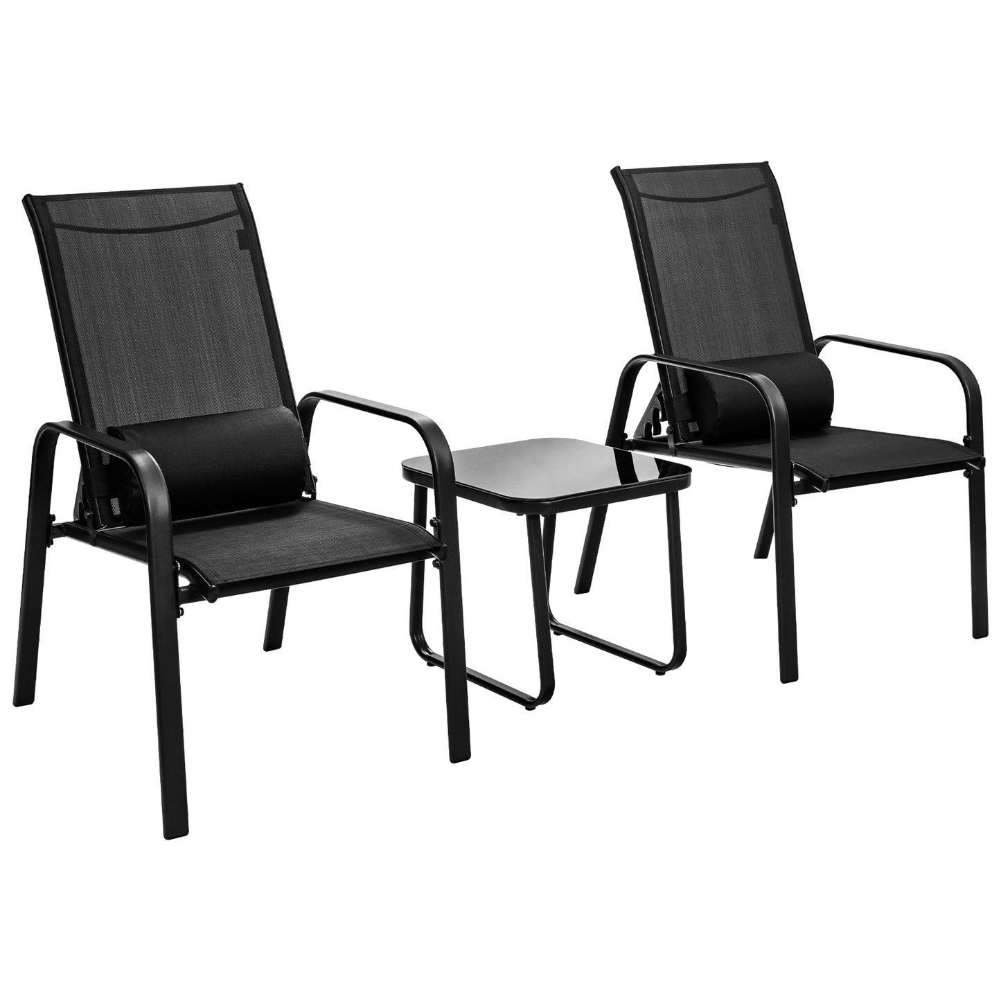 Patiojoy 3PCS Patio Adjustable Back Stackable Chairs Side Table Set Bistro Set Classic Furniture Chair Set for Garden Black/Brown/Grey