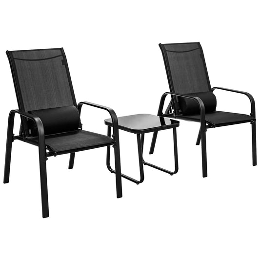 Patiojoy 3PCS Patio Adjustable Back Stackable Chairs Side Table Set Bistro Set Classic Furniture Chair Set for Garden Black/Brown/Grey